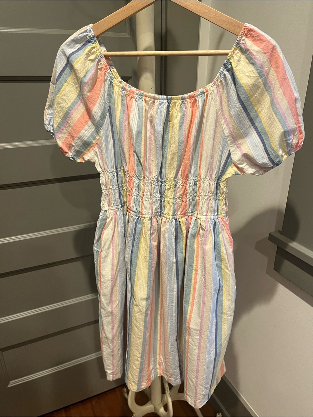 Girls Pastel Multicolor Striped Puff Sleeve Dress